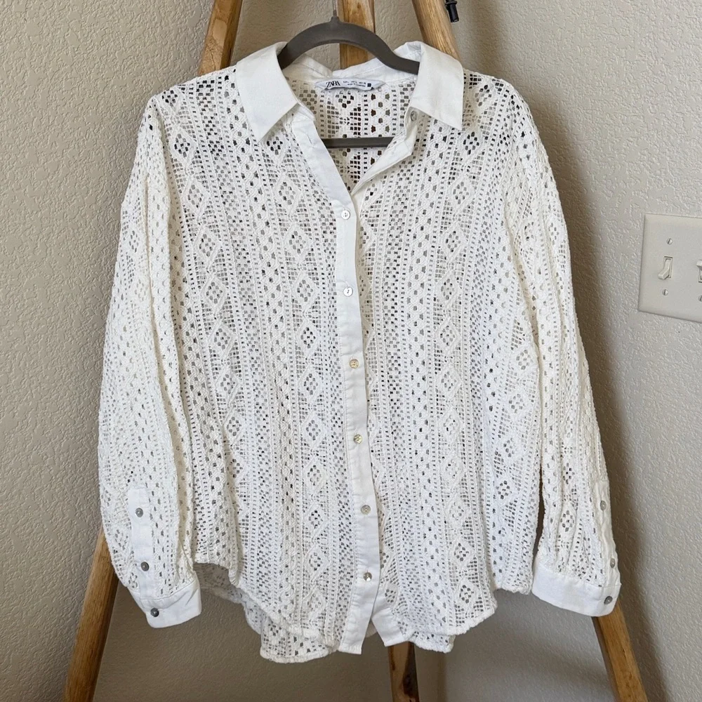 Zara White Crochet Lace Button-Down Shirt - Picture 3 of 4